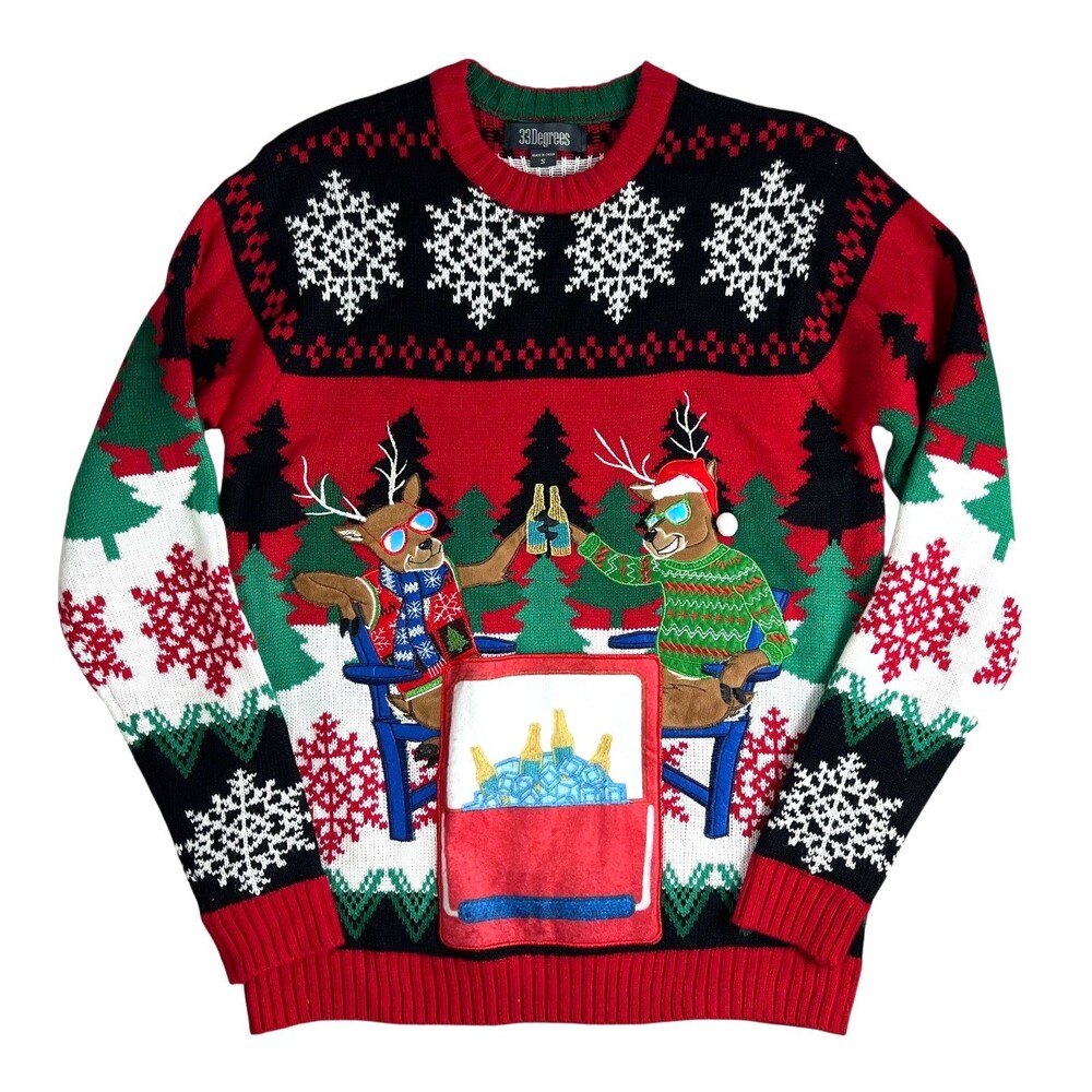 33 Degree Unisex Ugly Christmas Sweater  Size S  Beer Pocket  Reindeer Snowflake